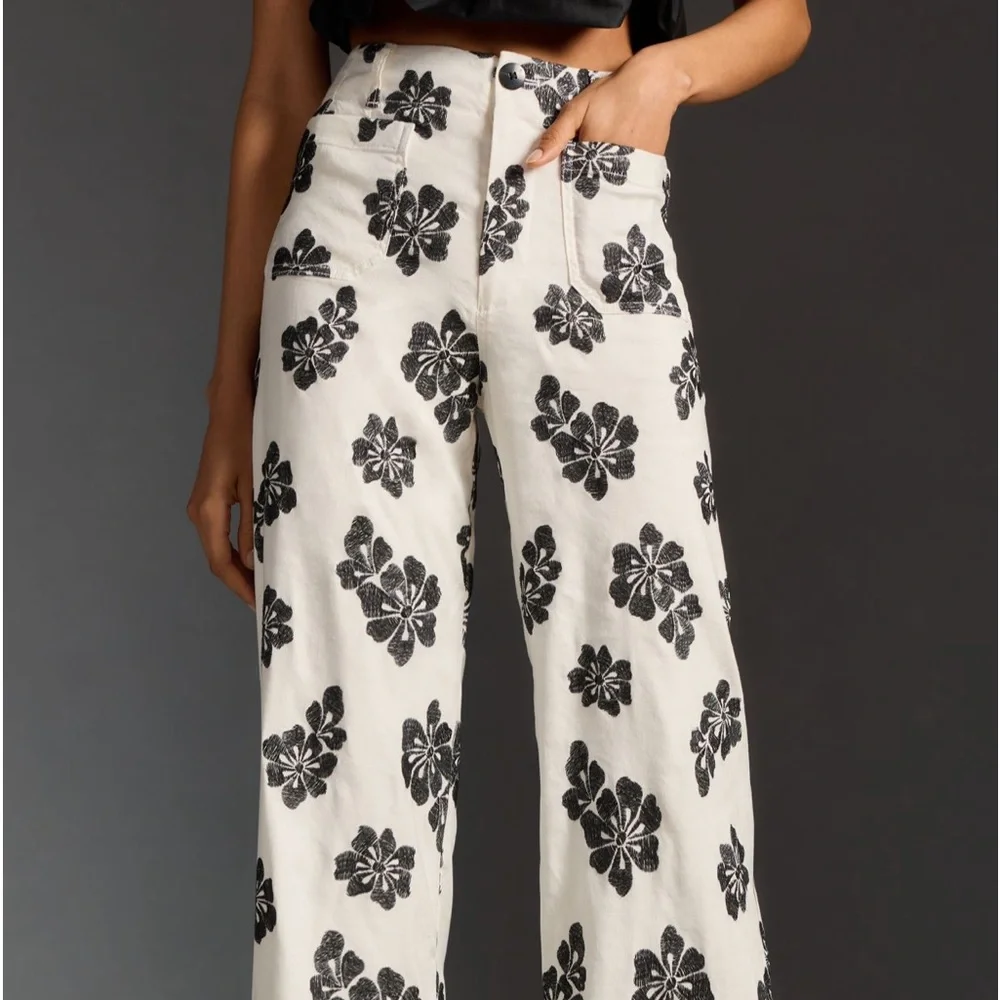 Maeve White Wide-Leg Floral Print Pants with Black Flowers - Picture 6 of 15